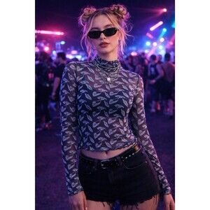 RonGshi Y2K Mesh Silk Double Layer Top Gray Teal Print Mock Neck Long Sleeve